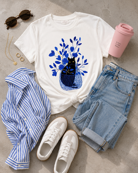 Black Cat in Blue Basket Tshirt - White