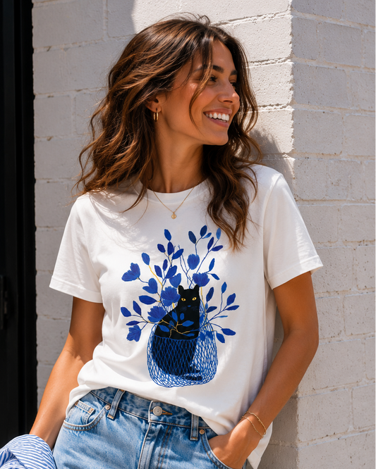 Black Cat in Blue Basket Tshirt - White