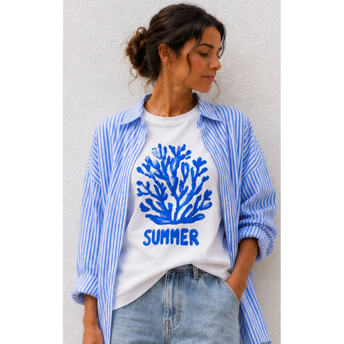 TShirt - Blue Coral SUMMER - White