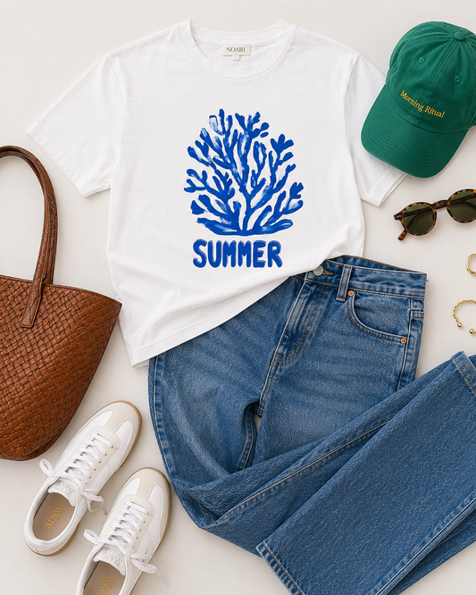 Blue Coral Summer Tshirt - White