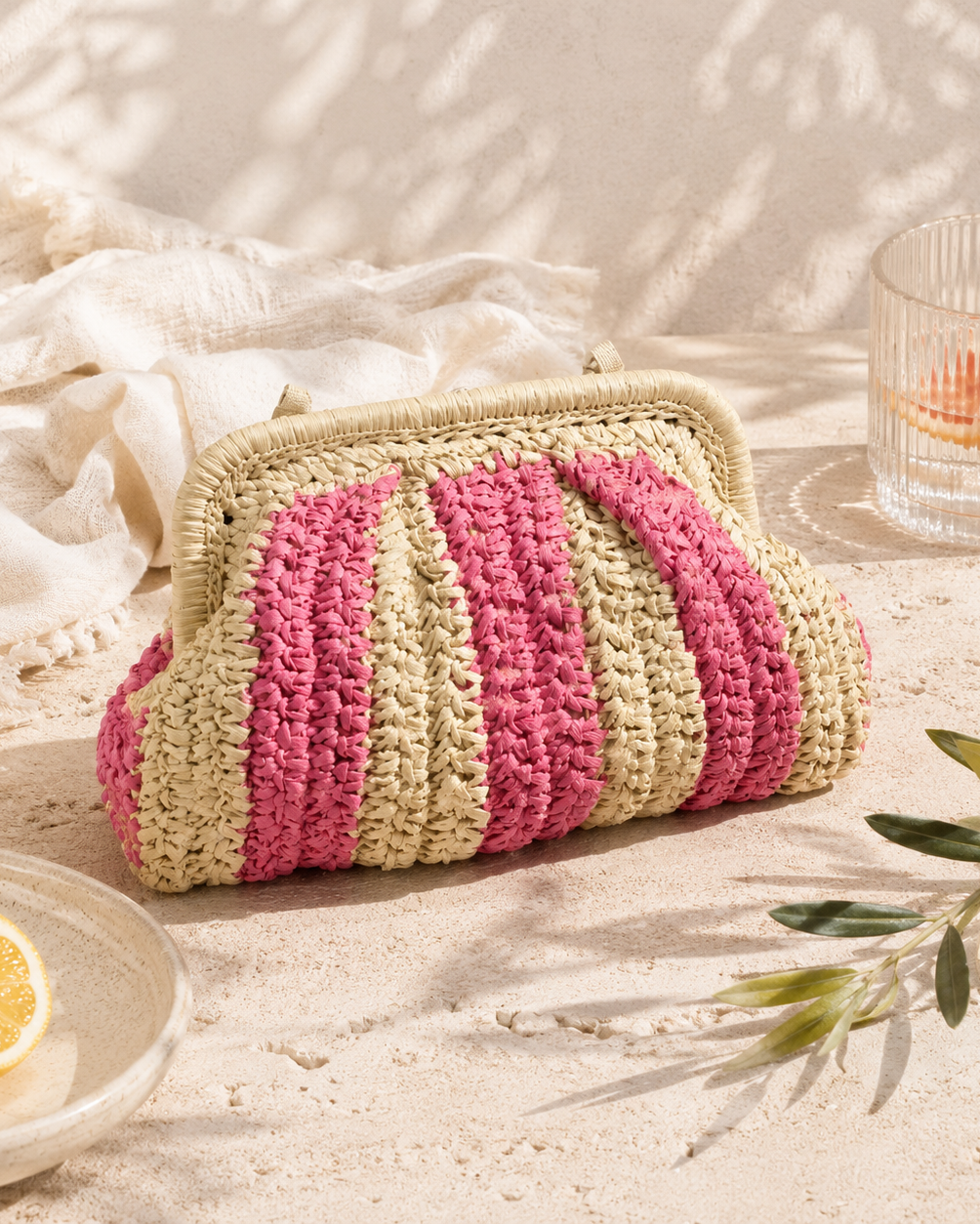 Elody Straw Clutch Pink Stripe