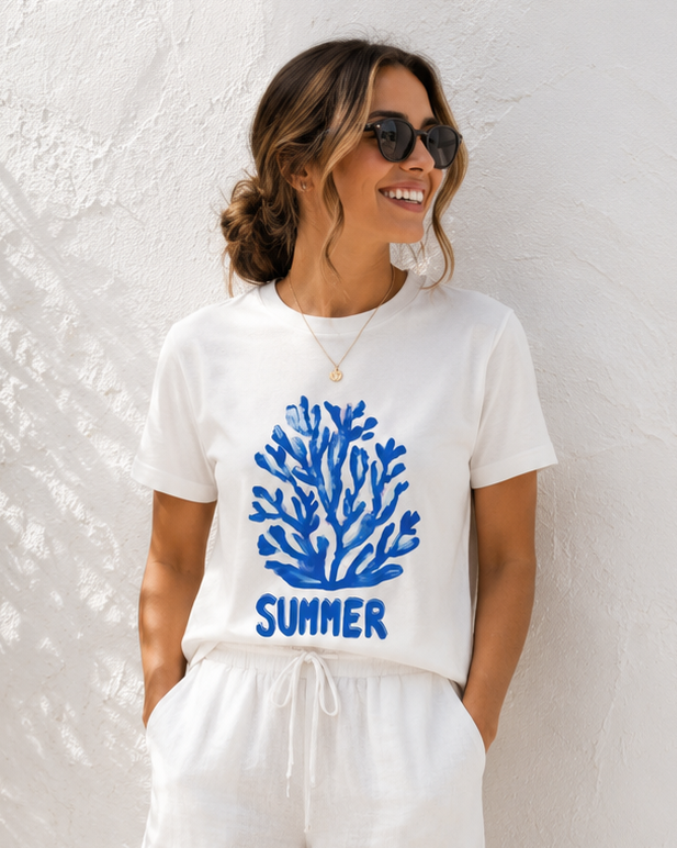 Blue Coral Summer Tshirt - White