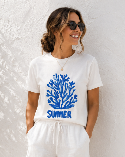 Blue Coral Summer Tshirt - White