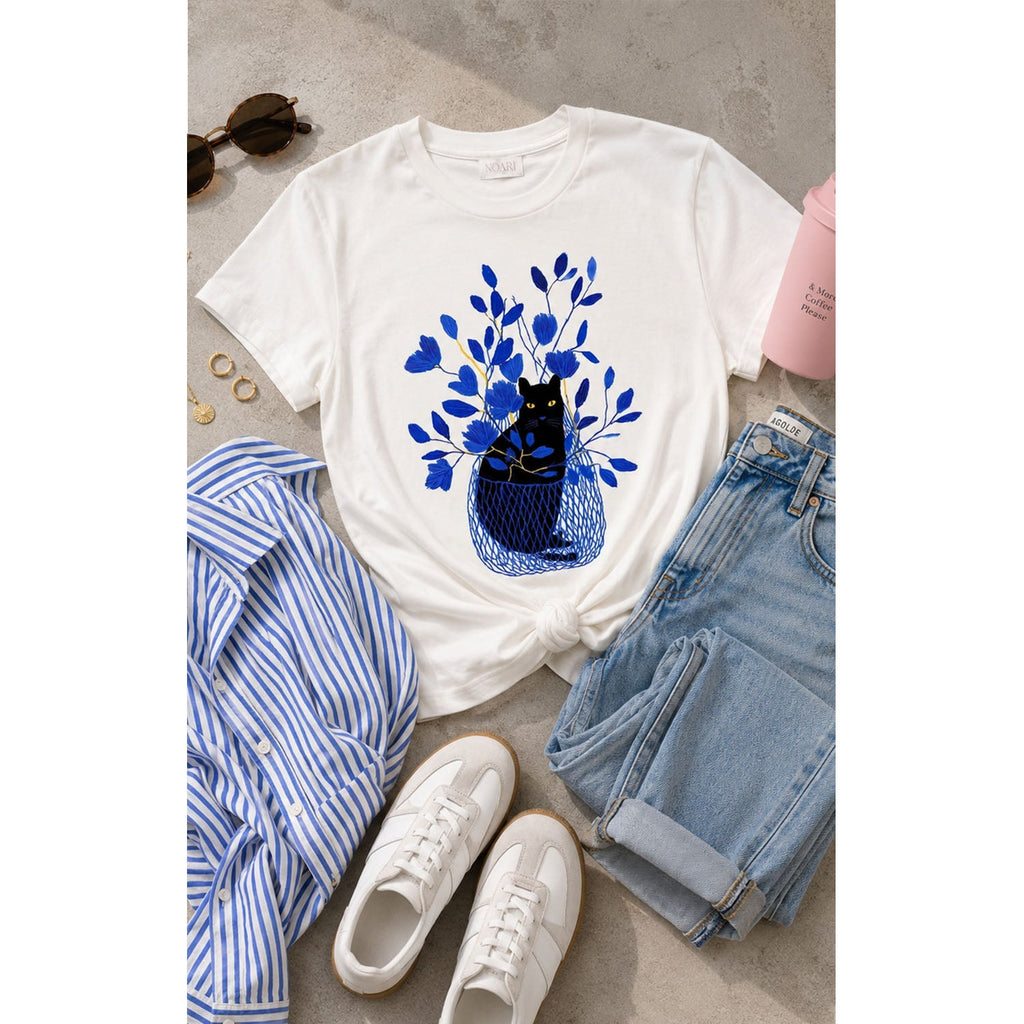 Tshirt - Black Cat in Basket - White