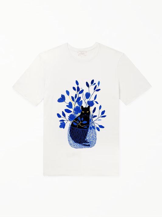 Black Cat in Blue Basket Tshirt - White